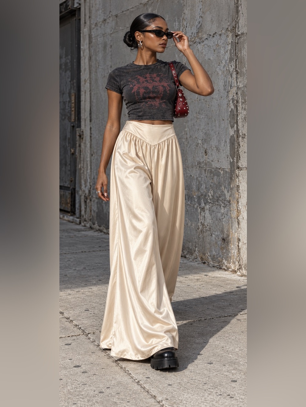 CIDER women's cream satin pant - elegant flowy silhouette